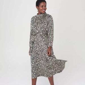 NWT Loft Women’s Mock Neck Long Sleeve Smocked Tie Waist Midi Dress Size 8